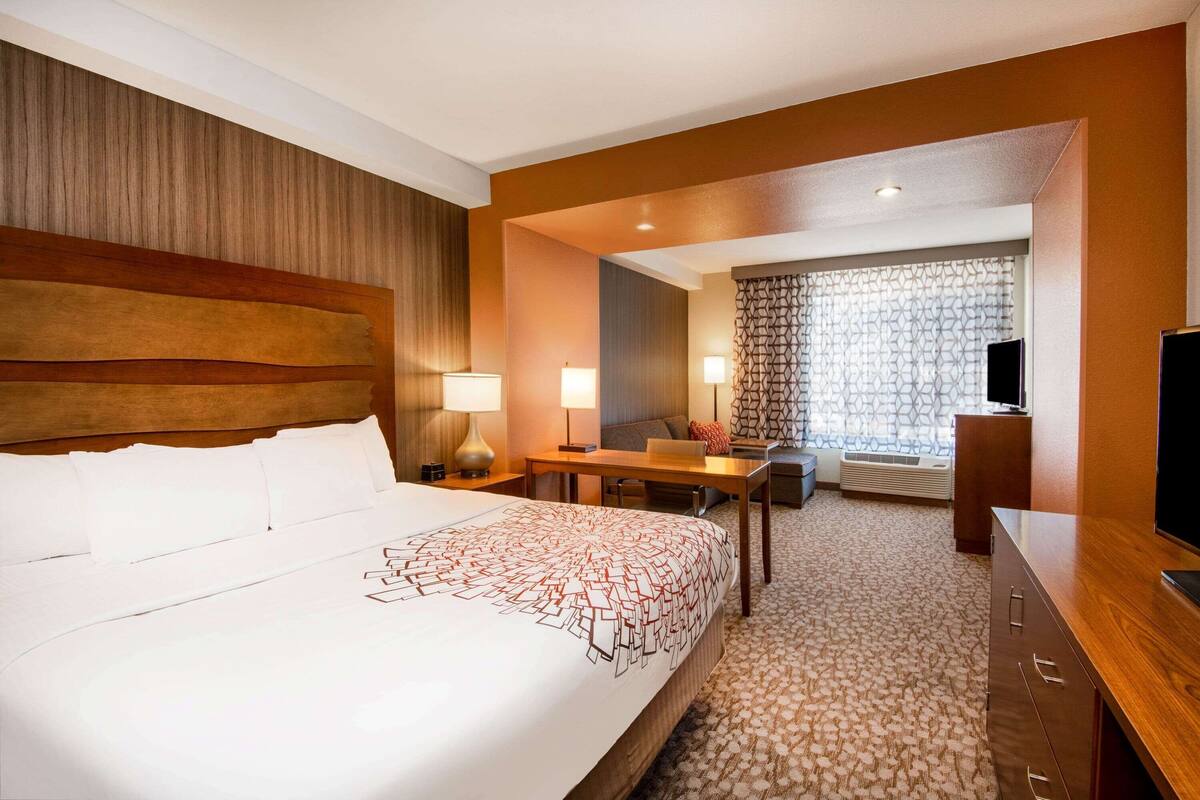 A hotel room with a large bed, a desk, a TV, and a patterned curtain.