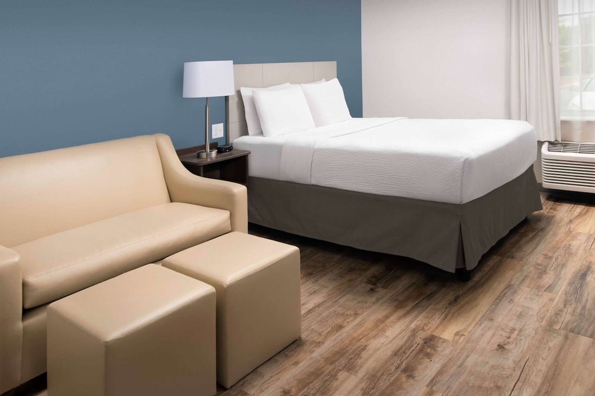 A hotel room with a bed, a sofa, a nightstand, and a lamp.