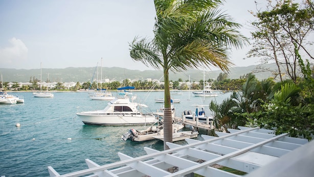 A marina with boats docked, a palm tree, and a white structure with seating. - Seawind On the Bay - Apartments (Montego Bay)