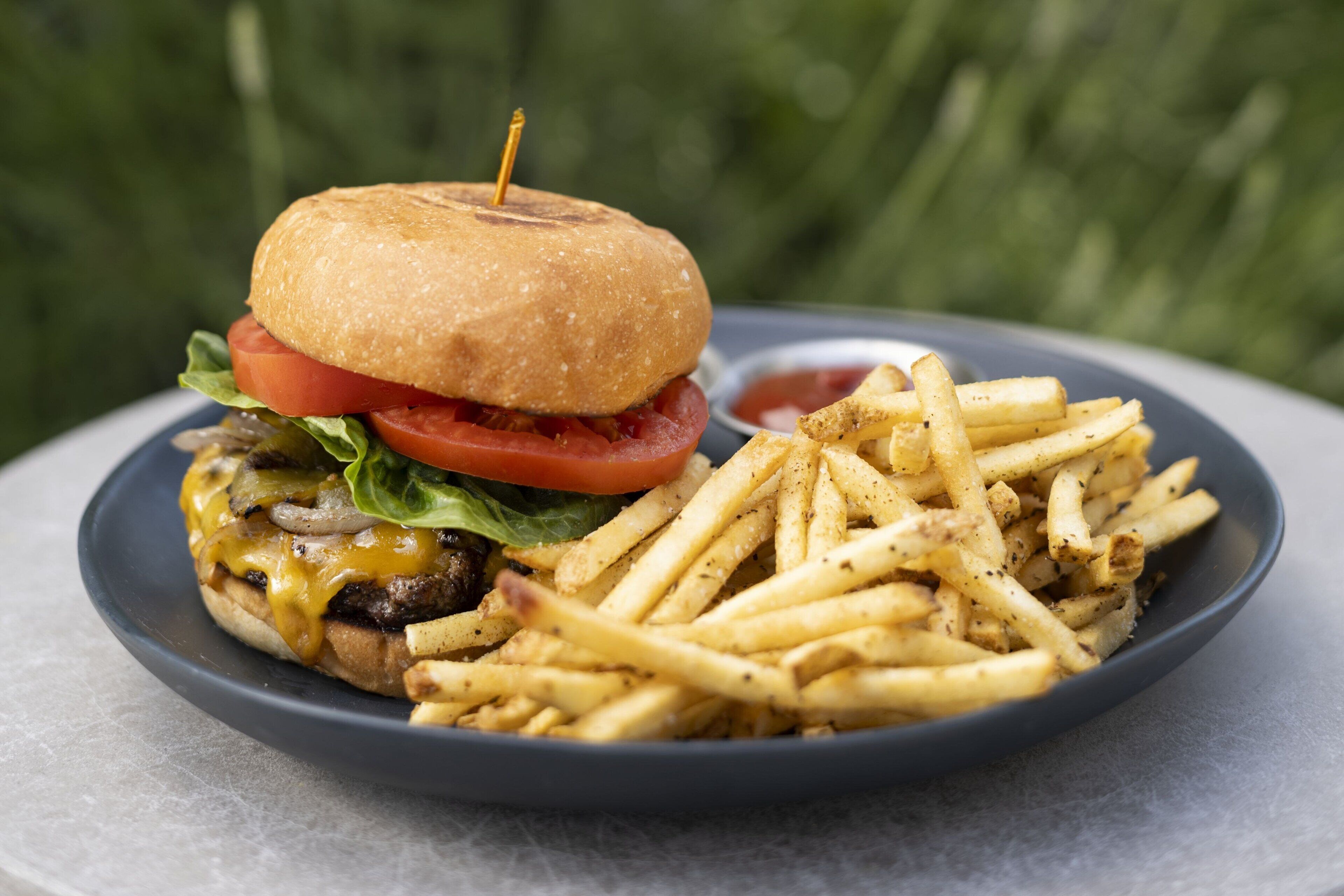 A plate with a burger and fries.