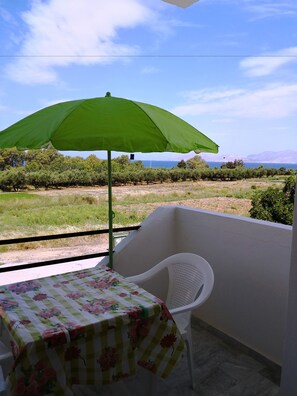 Un balcón con una mesa, una silla, una sombrilla verde y vistas a un viñedo y al mar.