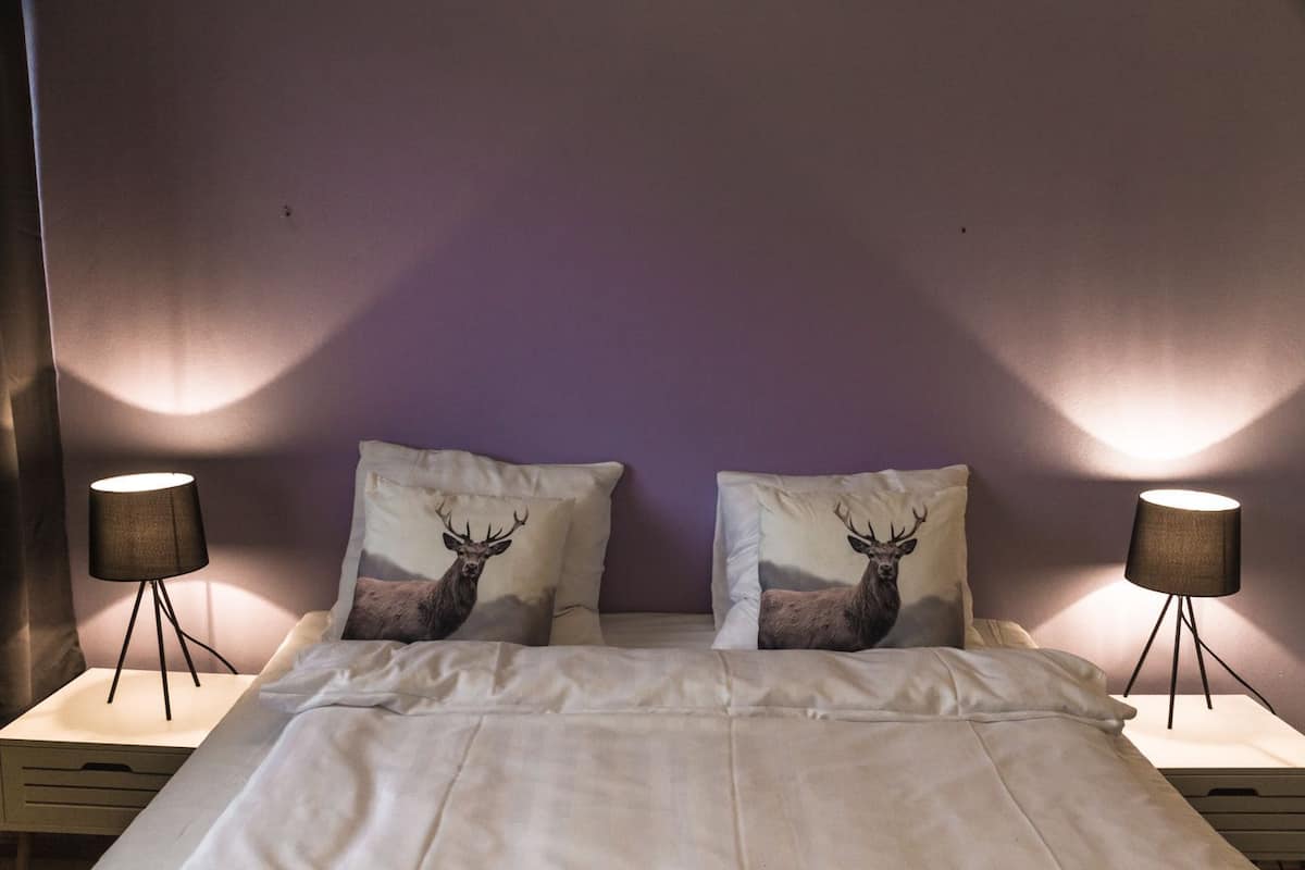 A bed with two pillows featuring a deer image, flanked by two bedside lamps on either side.