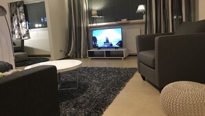 A living room with a television, grey sofa, and a black rug. -  Kuukkeli Apartments Sodankylä (Sodankyla)