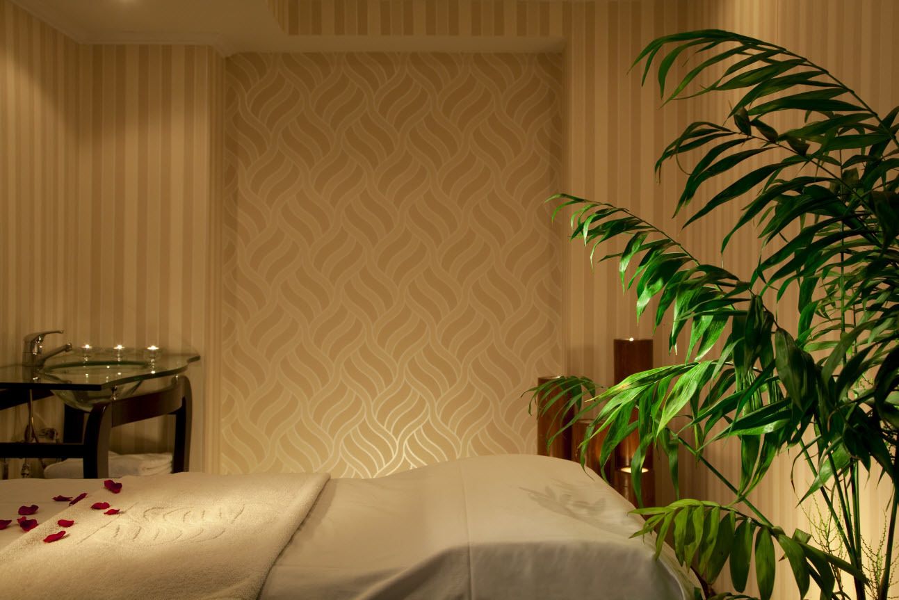 A hotel room with a bed, a glass-topped vanity, a patterned wallpaper, and a large green plant.