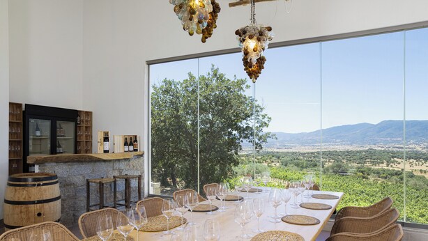 A dining area with a long table set for a meal, wicker chairs, and a view of the countryside through large windows. - Hotel Ristorante S'Astore (Benetutti)