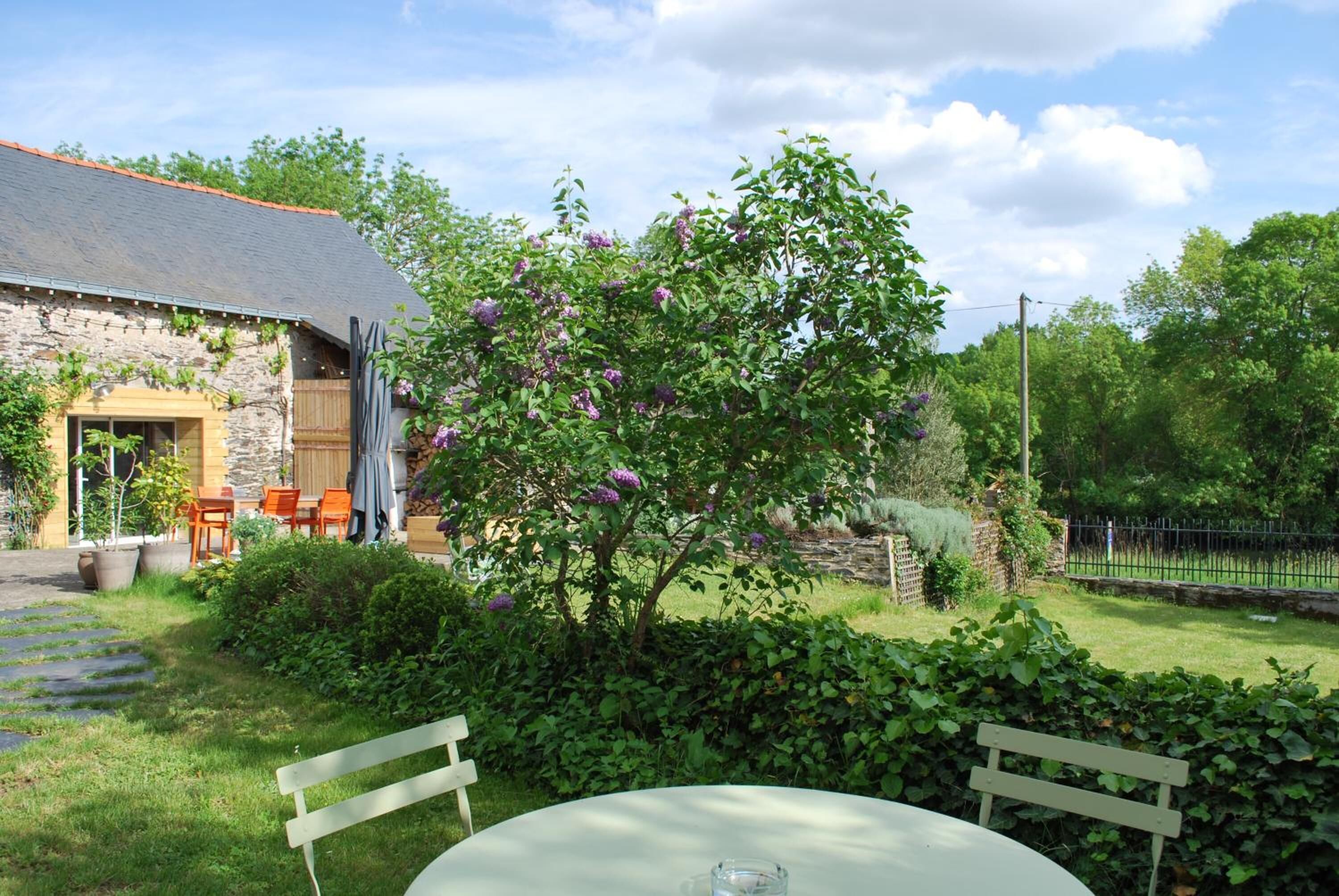 A stone building with a wooden door and windows, surrounded by a garden with a tree bearing purple flowers, a paved path, and outdoor seating.