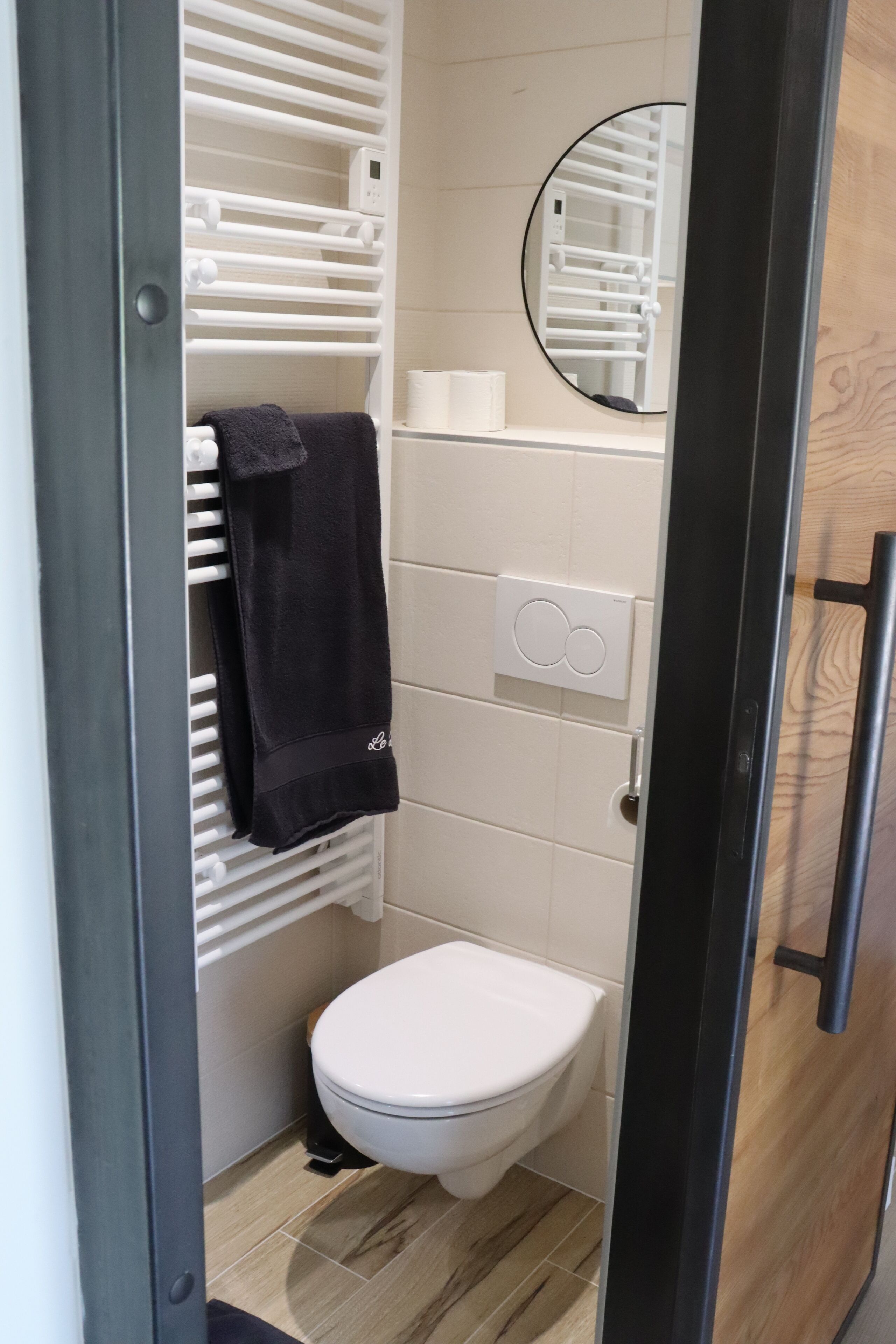 A compact bathroom with a white toilet, a towel rack, a mirror, and a towel hanging on the rack.