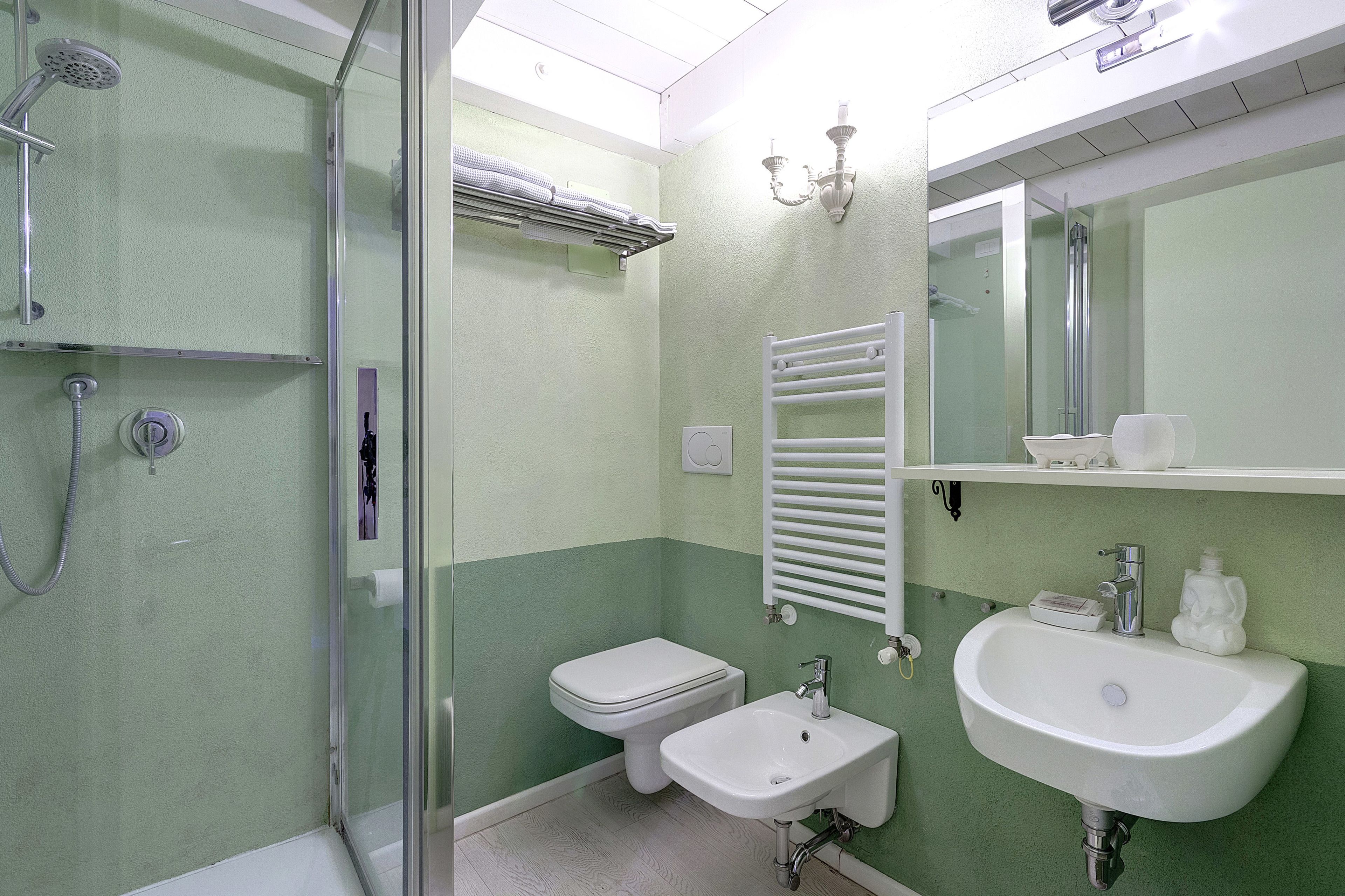 Un bagno con doccia vetrata, un water, un lavandino e uno specchio.