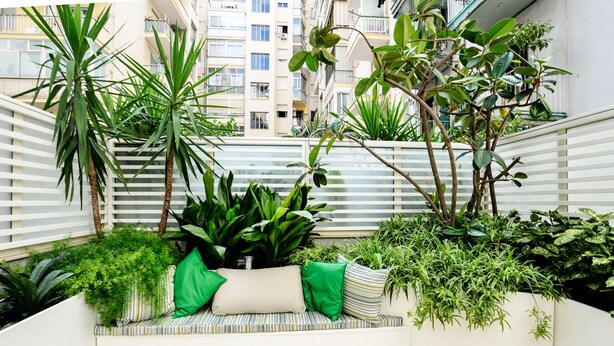 A small, enclosed balcony with a white cushioned bench, surrounded by various green plants and a white railing. - Click&Sleep (Naples)