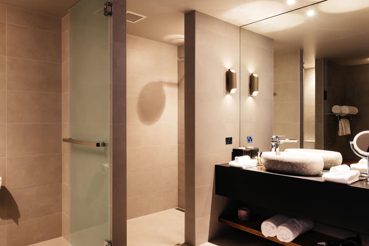 shower, rainfall showerhead, free toiletries, hair dryer