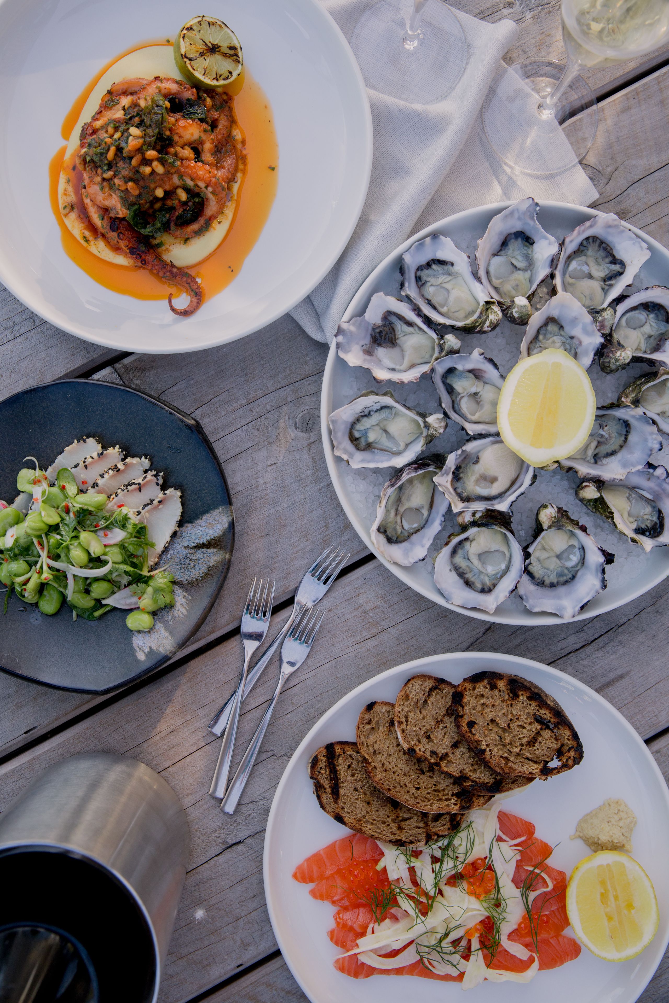 A table with plates of food, including oysters, salmon, and bread.
