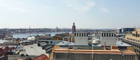 A cityscape with a prominent tower and a river in the background.
