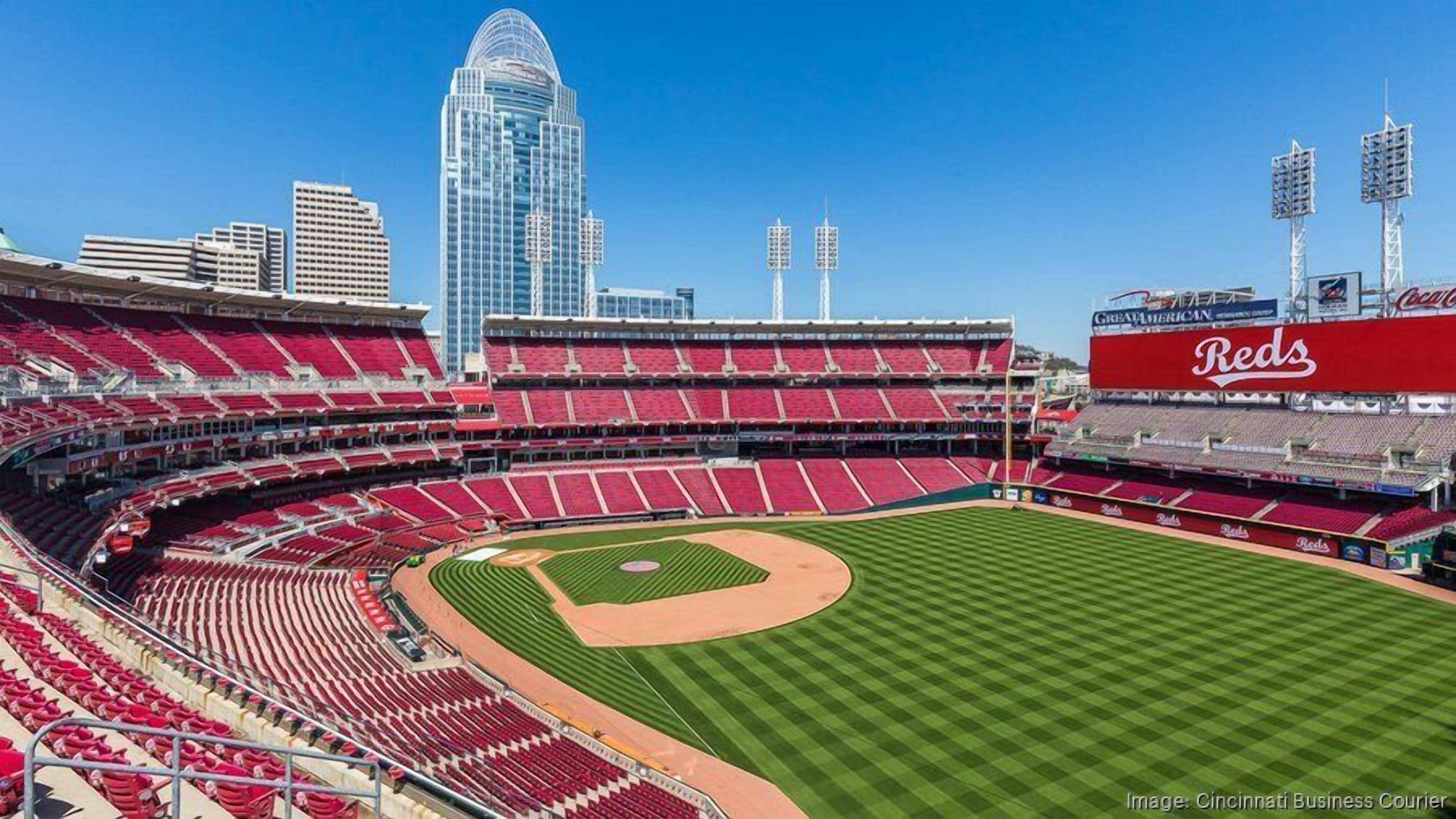 A baseball stadium with multiple seating levels, a large outfield, and a prominent Reds sign.