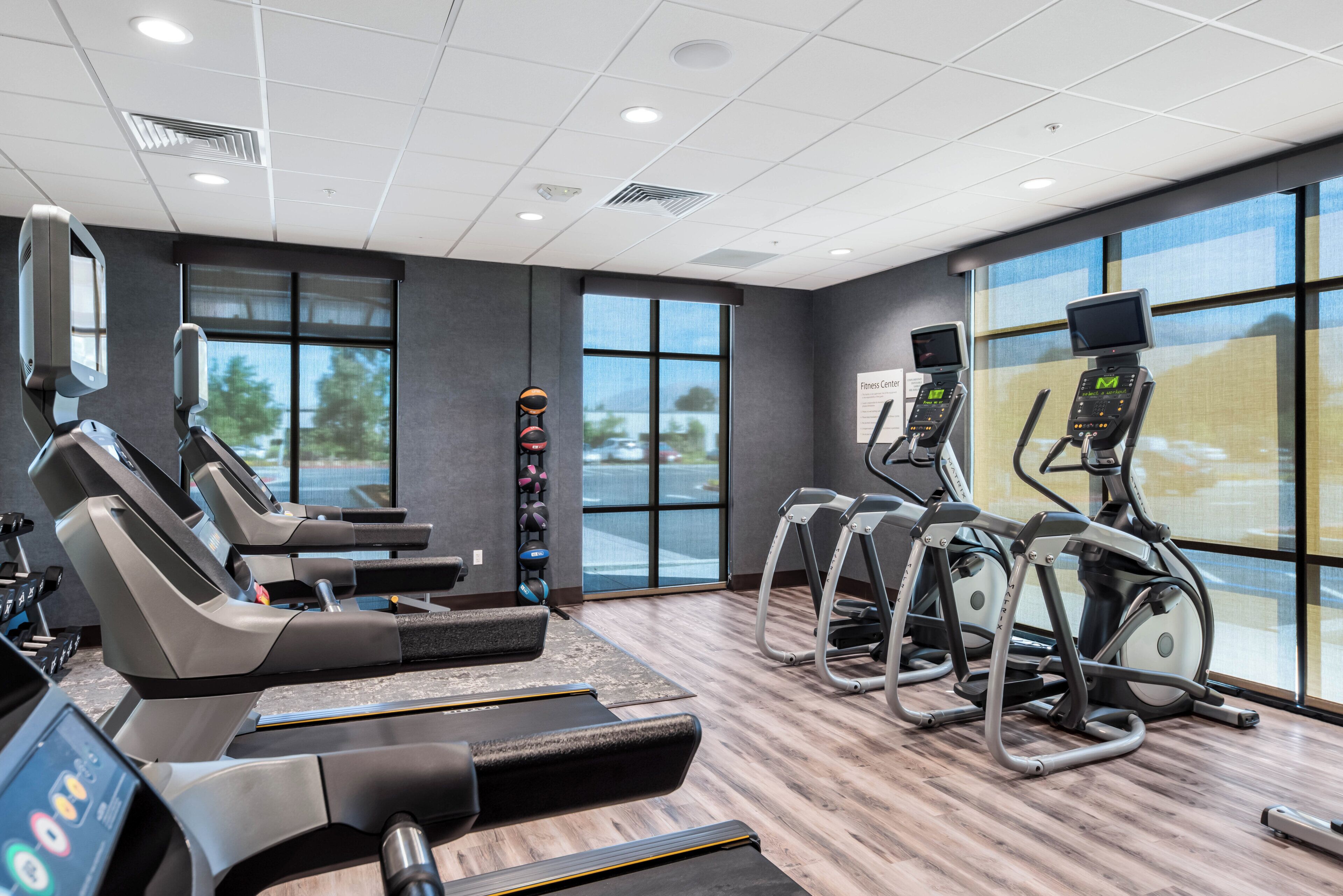 A fitness center with treadmills, elliptical machines, and a wall-mounted exercise ball rack.
