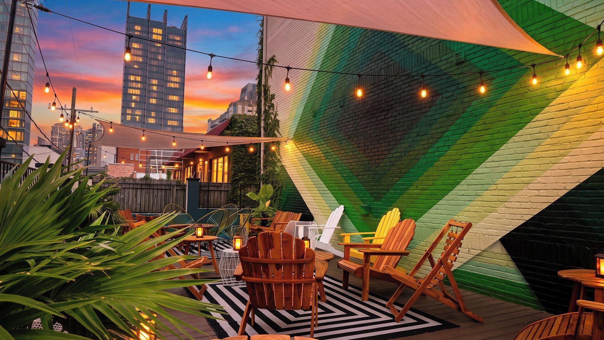 An outdoor seating area with wooden furniture, string lights, and a colorful wall.
