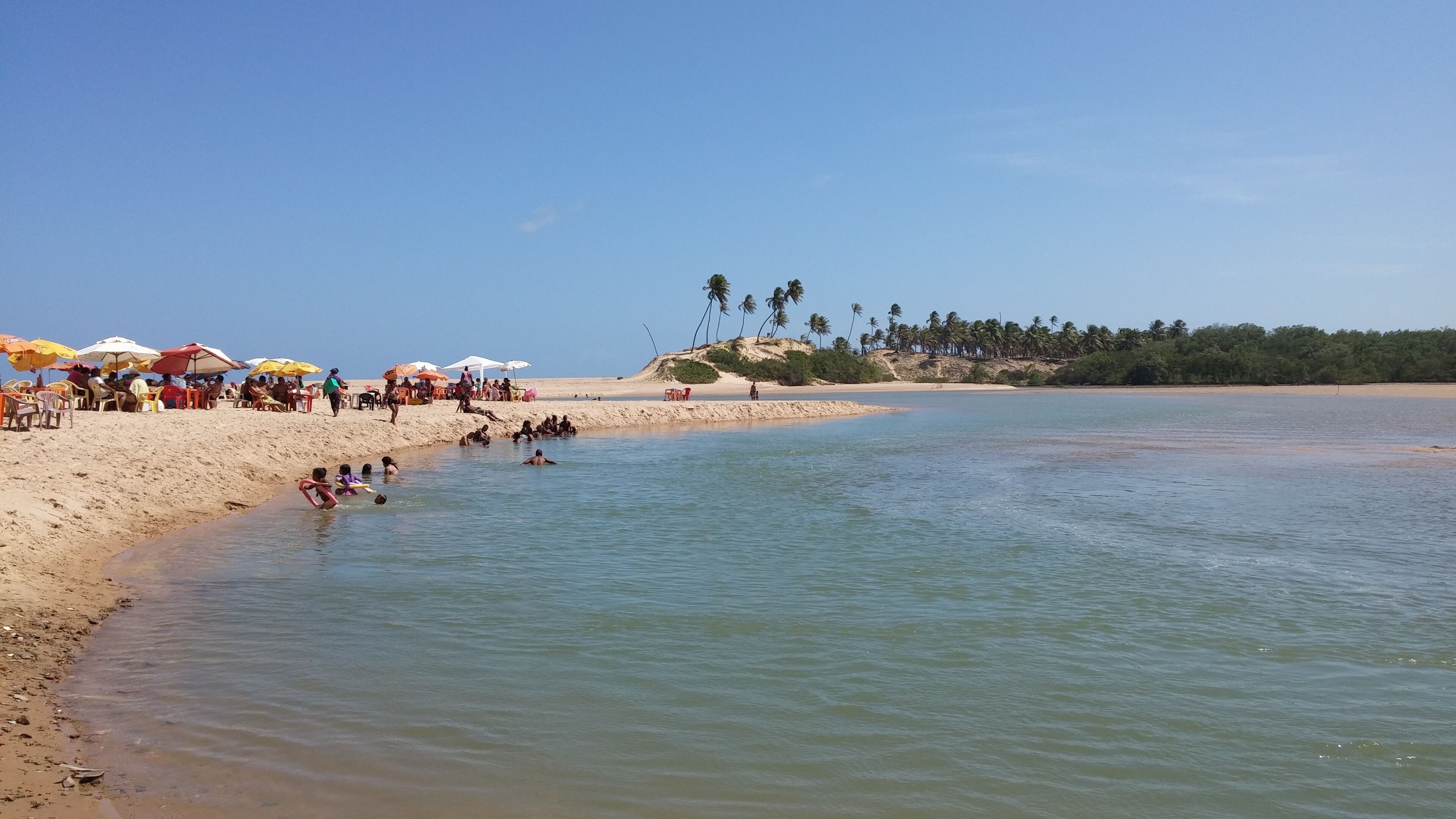 Une plage où l’on peut se baigner et bronzer, avec des parasols et des chaises longues.