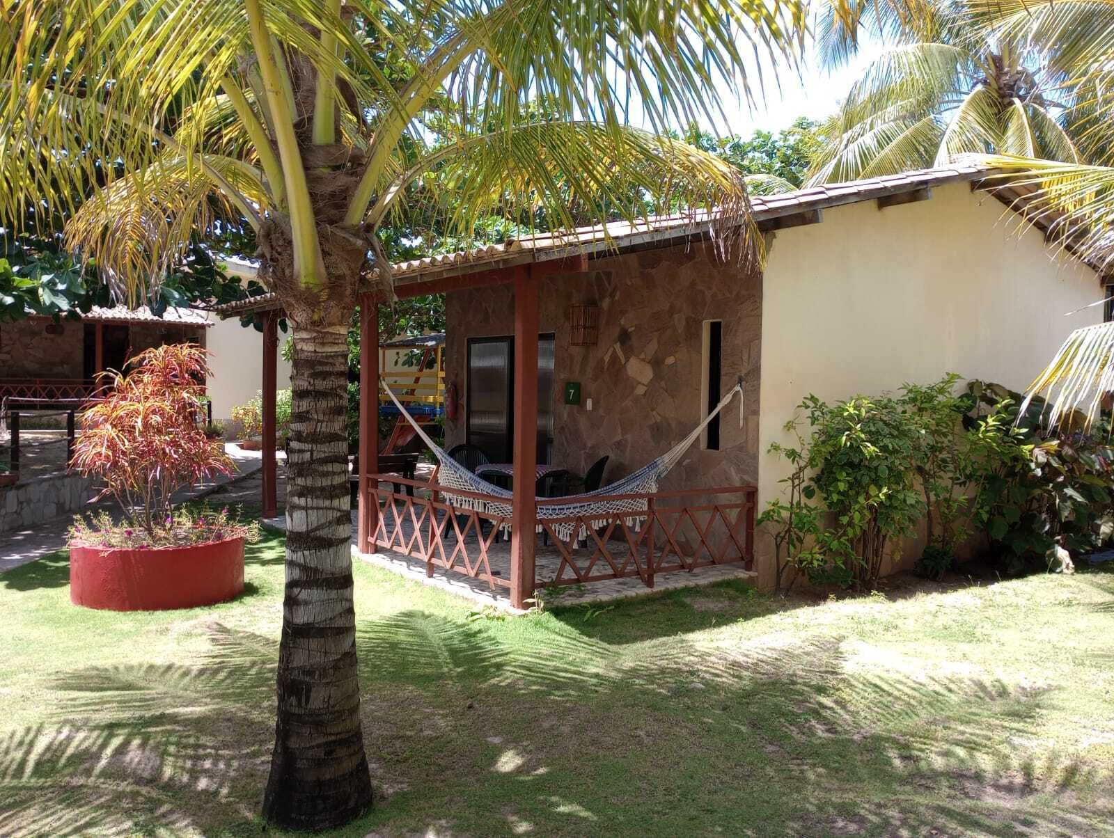 A small, rustic building with a hammock under a palm tree, a red planter, and a stone wall.