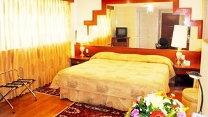 A hotel room with a bed, a television, a desk, a chair, and a mirror. - Hotel Marcella Clase Ejecutiva (Morelia)