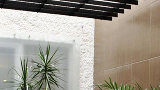 A tiled floor with a circular stone feature, potted plants, and a large vase. - Hotel Marcella Clase Ejecutiva (Morelia)