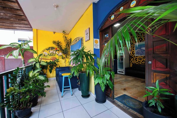 A brightly colored hallway with potted plants, a blue stool, and a door with a leopard print design. - Onça da Praia Hostel (Vitoria)