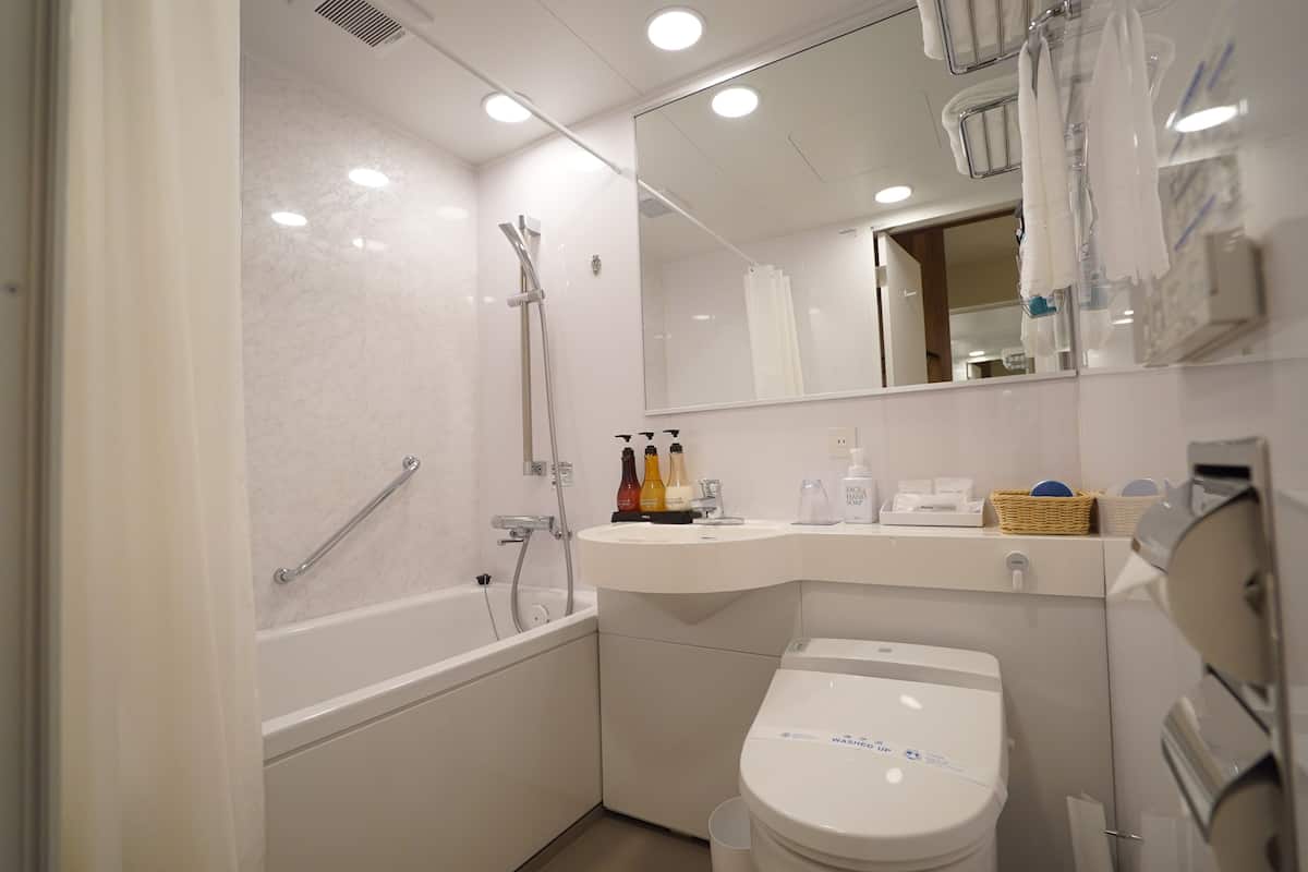 combined shower/bathtub, free toiletries, hair dryer, slippers