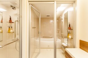 Combined shower/bathtub, free toiletries, hair dryer, slippers