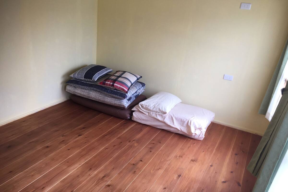 Une petite pièce avec un plancher en bois, un lit doté d’un matelas blanc et de deux oreillers, et une prise de courant au mur.