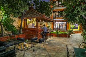 Un espacio al aire libre con barra, bancos y plantas en macetas.