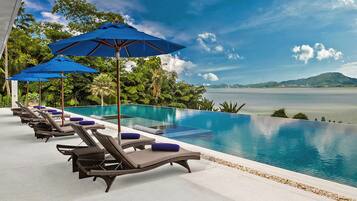 Outdoor pool, pool umbrellas, sun loungers