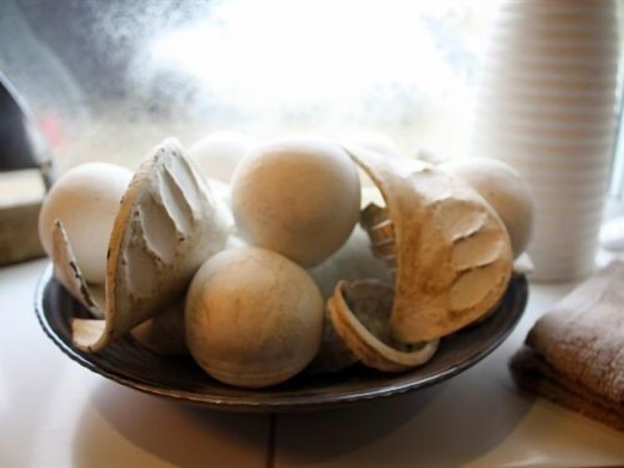 A bowl containing several eggshells and a few eggs.