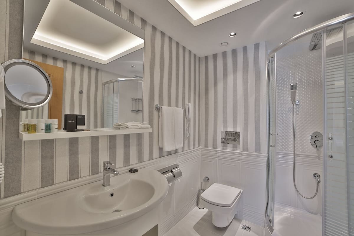 A modern bathroom with a large sink, toilet, and walk-in shower.