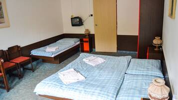 A room with two beds, a chair, a television, and a door.