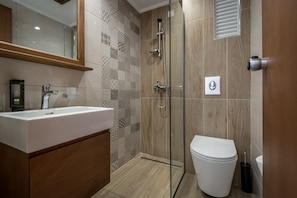A modern bathroom with a glass shower enclosure, a white sink, and a toilet.