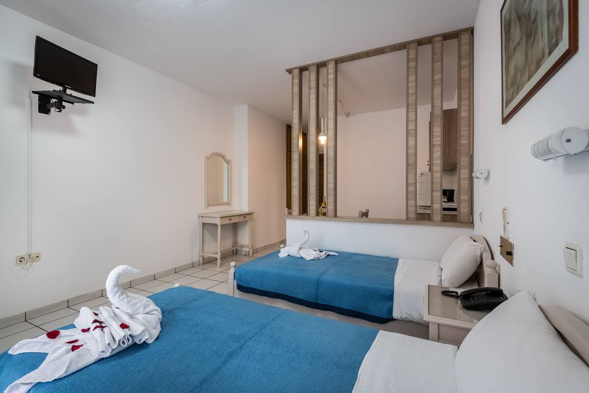 A hotel room with two beds, a TV, a mirror, a desk, and a phone on the nightstand.