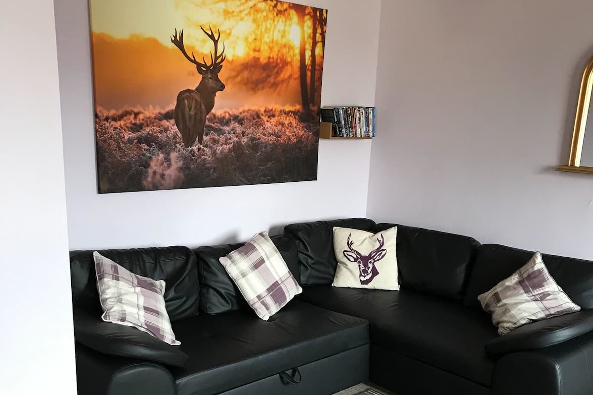 Un salon moderne avec un canapé en cuir noir, des coussins à carreaux, un coussin orné d’un motif de cerf, un tapis à motifs et un grand tableau mural représentant un cerf au coucher du soleil.