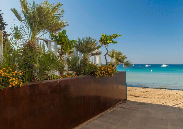 A beachfront hotel with a sandy beach, palm trees, and a clear blue sea. - Calapetra Resort (Syracuse)