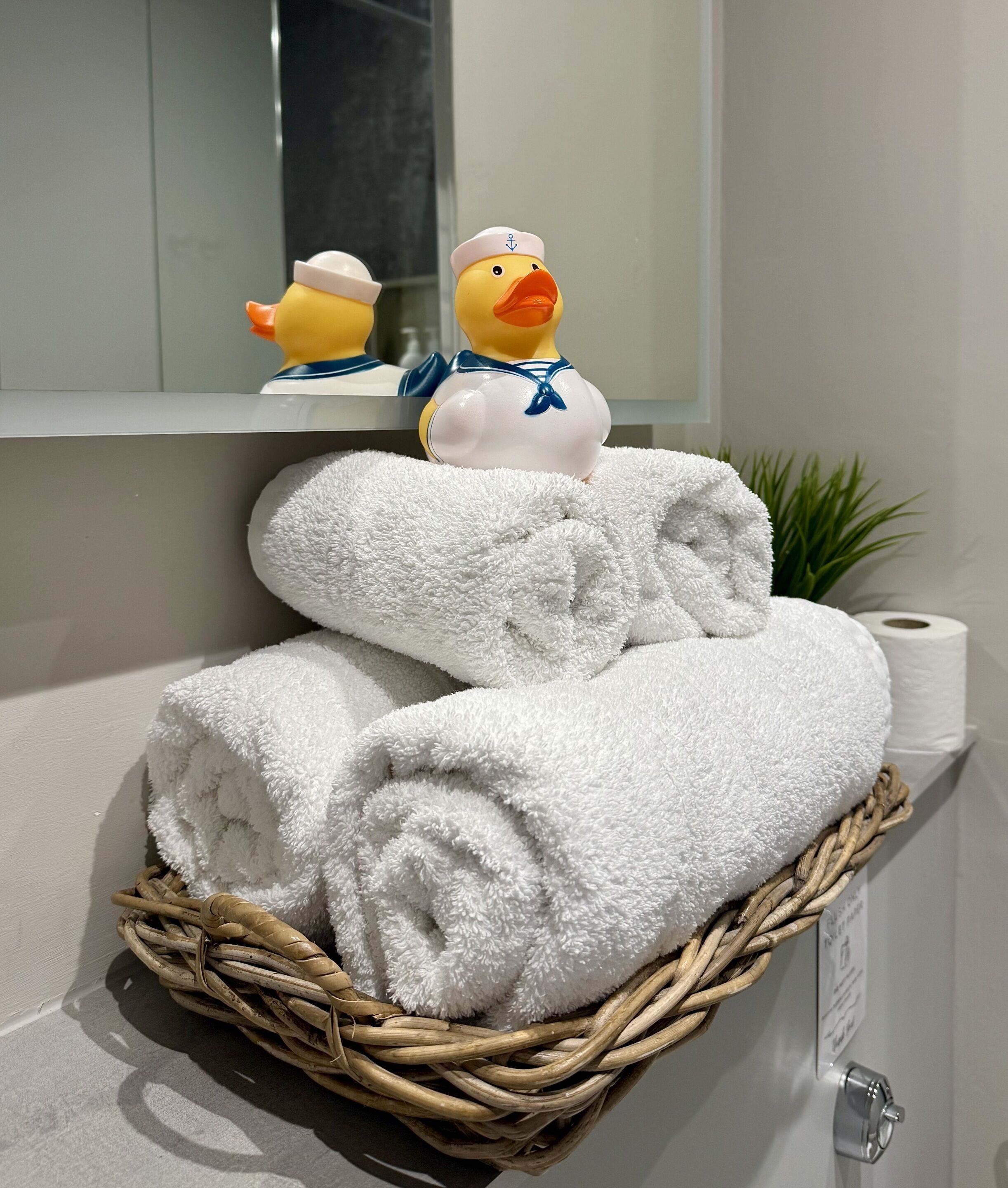 A bathroom with a wicker basket holding rolled white towels, a toilet paper roll, and a small plant.