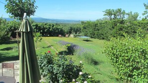 A garden with a table and chairs, a statue, and a view of the landscape. - Loucardalines (Bedoin)