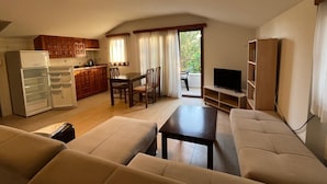 Un espacio habitable compacto con kitchenette, comedor, sofá y televisión.