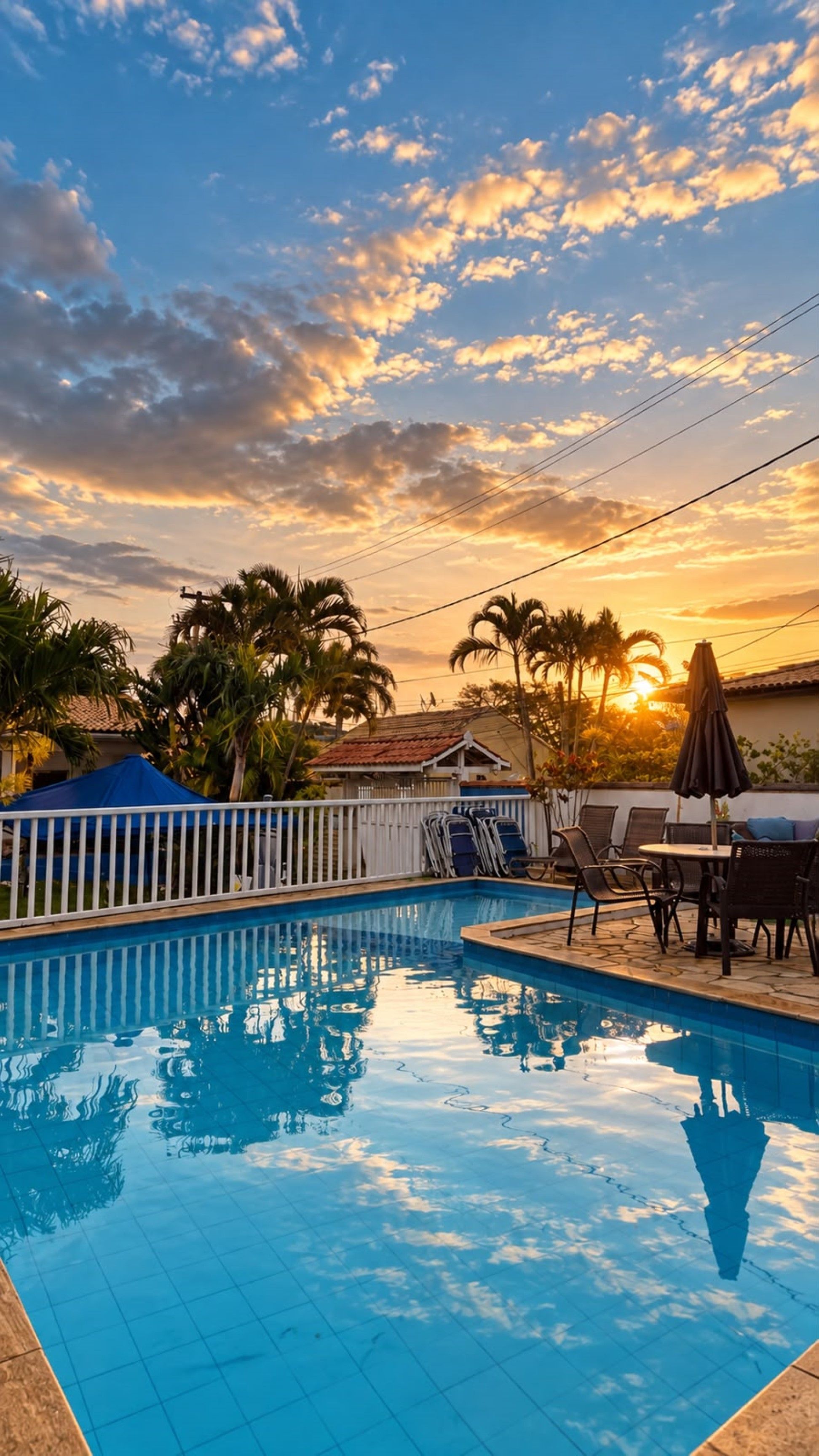 A swimming pool with lounge chairs and umbrellas, surrounded by palm trees and a house with a tiled roof.