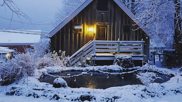 Cozy cabin beside a serene pond, offering a peaceful retreat.