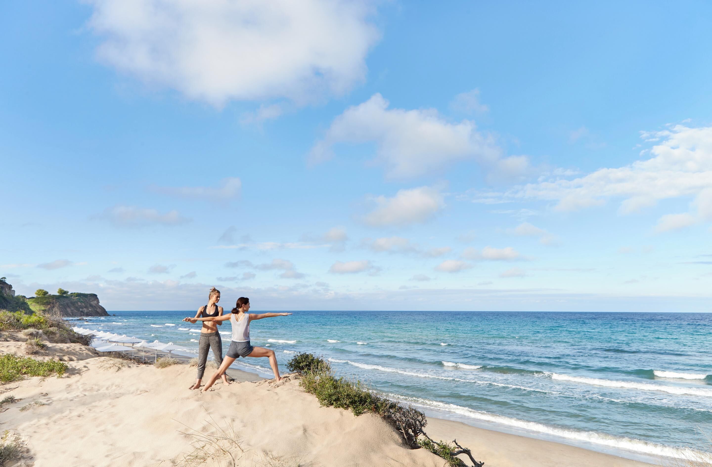 On the beach, sun-loungers, beach umbrellas, scuba diving