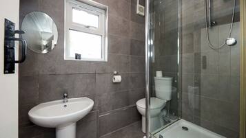 A bathroom with a sink, toilet, and glass-enclosed shower area.