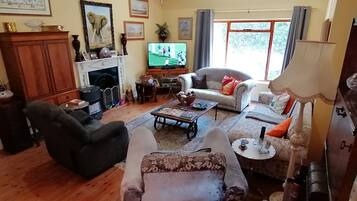 A living room with a fireplace, a television, and a sofa.