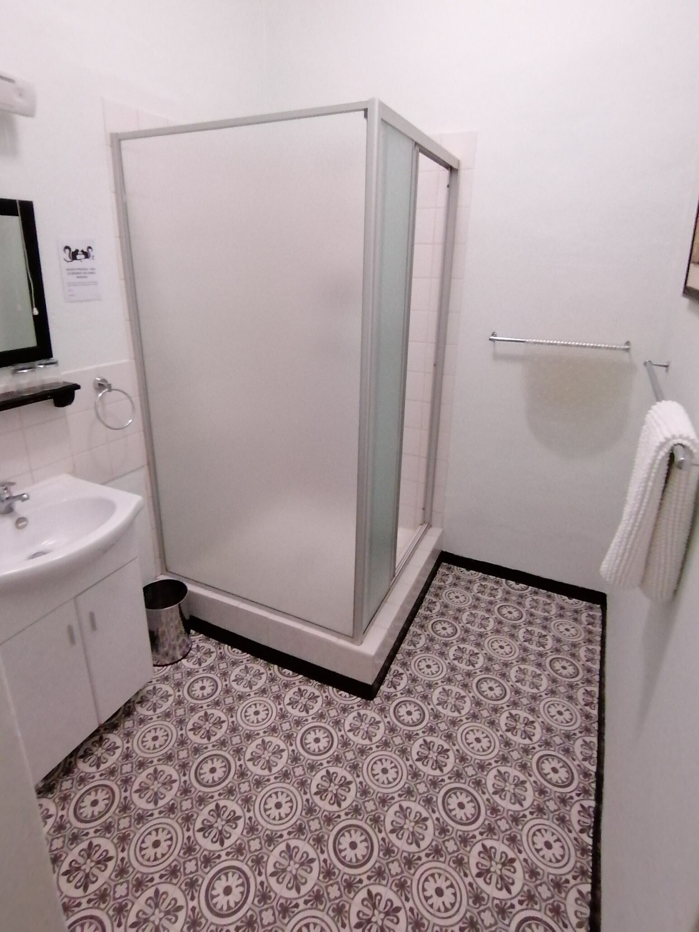 Une salle de bain avec une douche, un lavabo et des carreaux de sol à motifs.