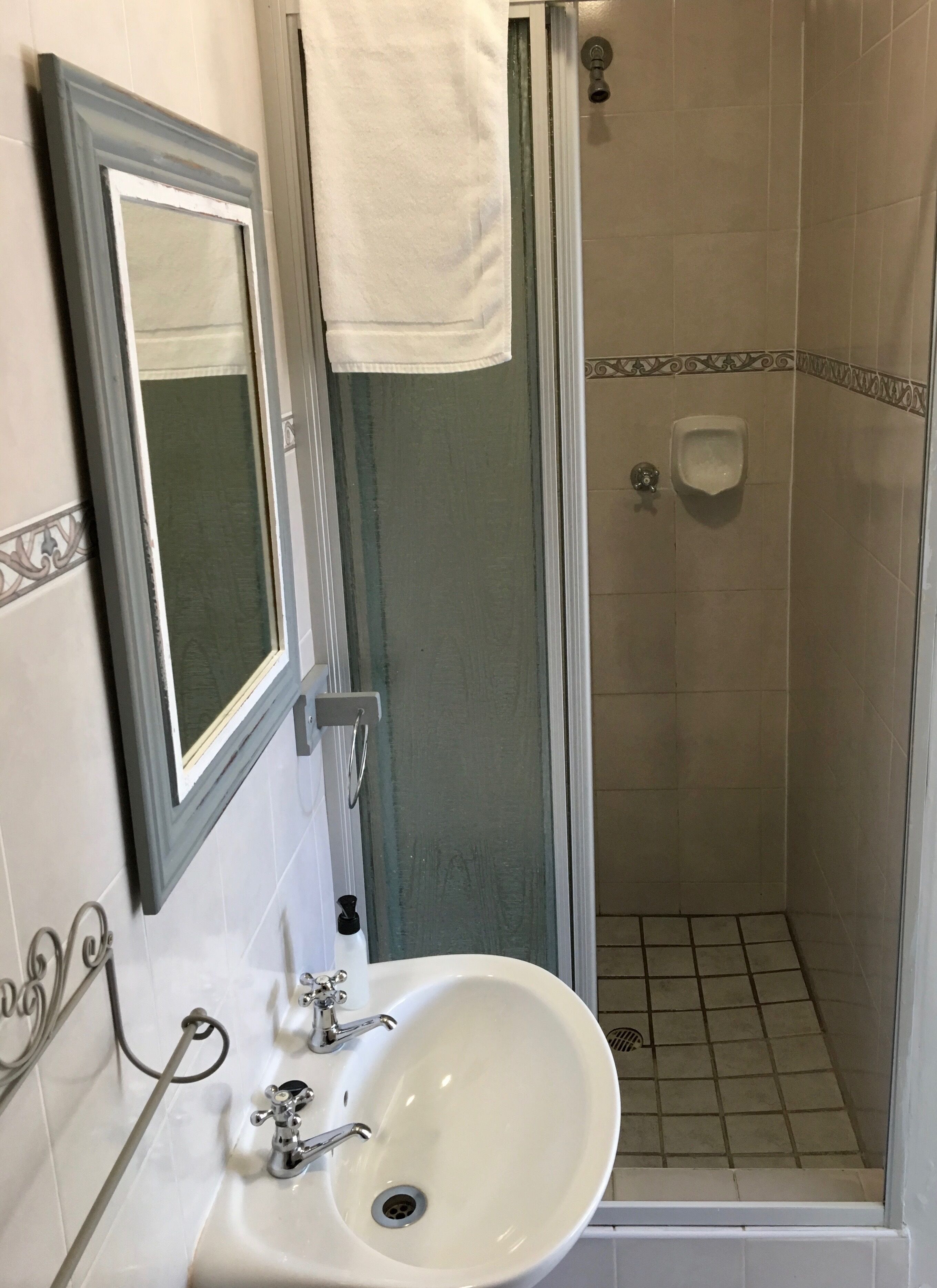 Une salle de bain avec un lavabo blanc, un miroir, une douche et des toilettes.