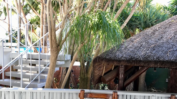 A wooden deck with two wooden chairs and a small table, surrounded by a white fence and tropical plants. - La Mer Guesthouse (Gqeberha (Port Elizabeth))