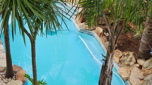 A clear blue pool surrounded by rocks and palm trees. - La Mer Guesthouse (Gqeberha (Port Elizabeth))