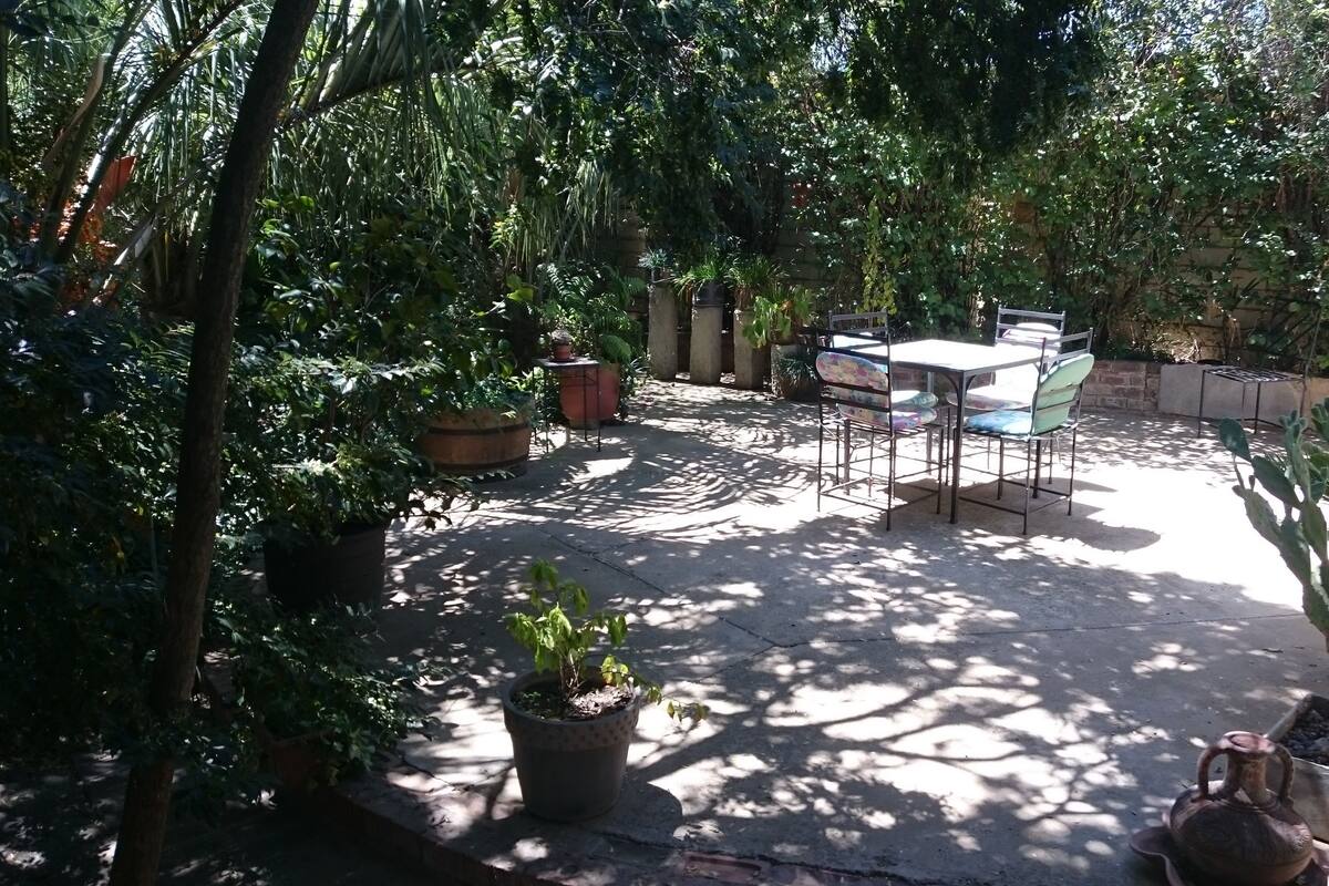 A patio area with a table and chairs, surrounded by potted plants and trees.