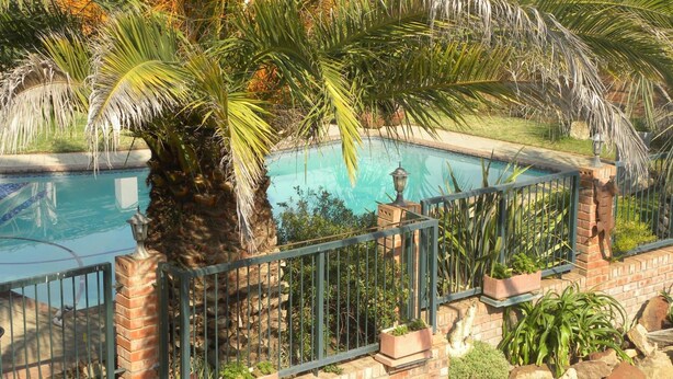 A pool surrounded by a brick wall with metal railings, potted plants, and a decorative metal sculpture. - Ladybrand Guest House (Mantsopa)